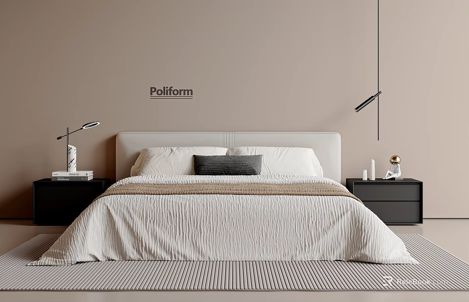 Poliform Modern Double Bed With White Bedding Gray Pillow And Black Nightstands 3d model 