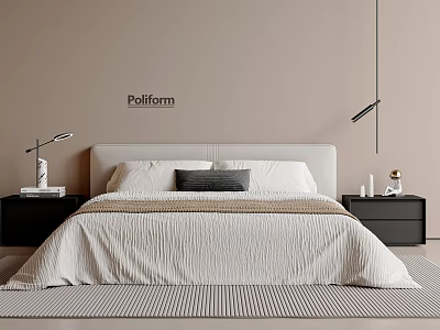 Poliform Modern Double Bed With White Bedding Gray Pillow And Black Nightstands 3d model