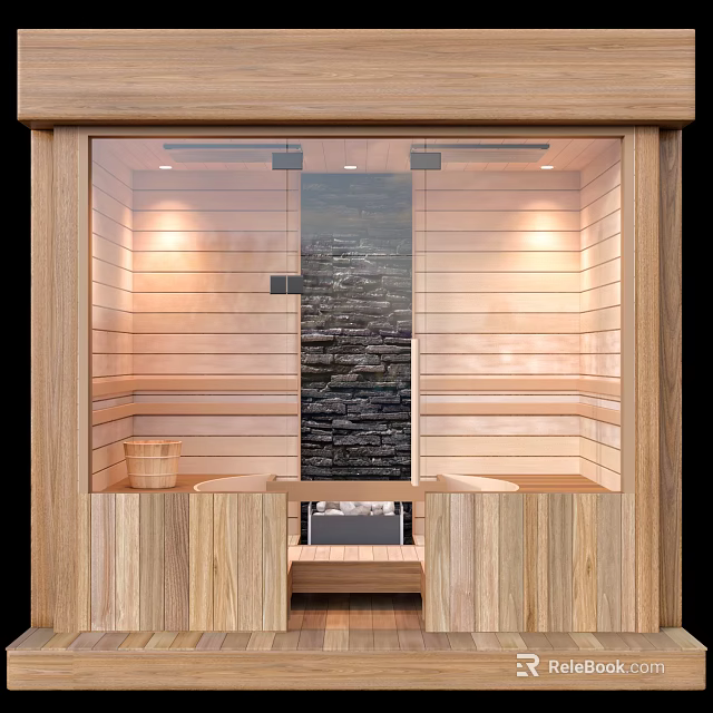 Modern Shower Sauna With Wooden Interior Stone Wall And Ambient Lighting 3d model 