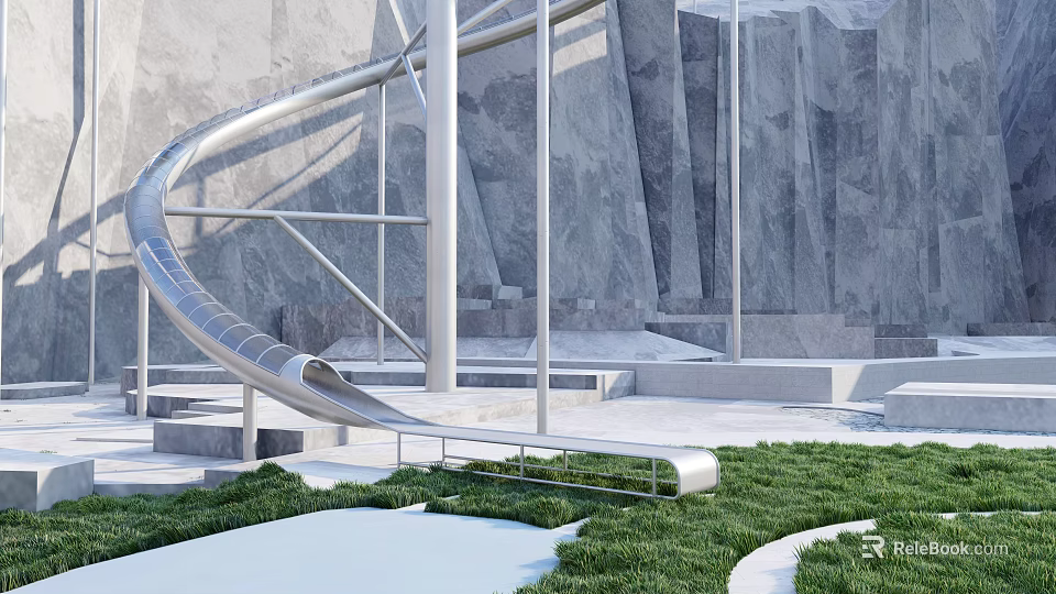 Silver Slide Amusement Equipment With Grey Rock Wall Green Grass And White Platform 3d model 