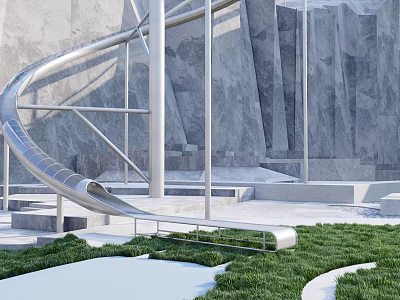 Silver Slide Amusement Equipment With Grey Rock Wall Green Grass And White Platform 3d model