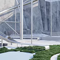 Silver Slide Amusement Equipment With Grey Rock Wall Green Grass And White Platform