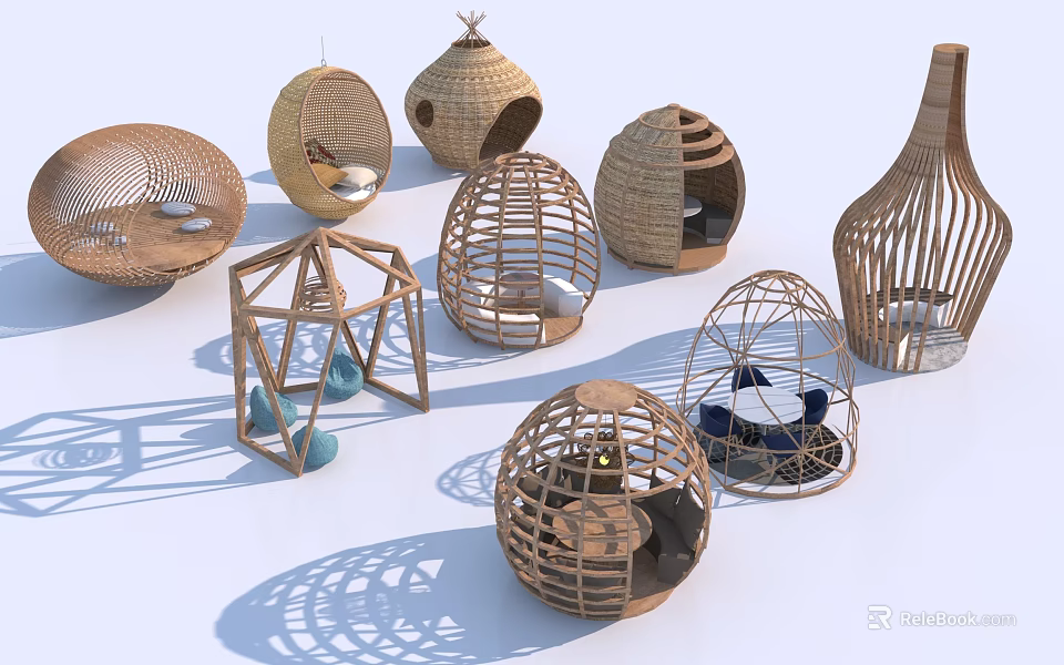 Modern Outdoor Rattan Pergola Designs With Spherical Geometric Wooden Seats 3d model 