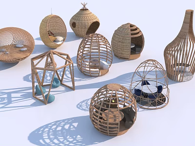 Modern Outdoor Rattan Pergola Designs With Spherical Geometric Wooden Seats 3d model