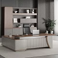 Modern Office Interior With Wooden Desk Black Chair Laptop Decorative Bookshelf And Green Plant