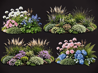 Colorful Plant Combinations With Pink Blue White Flowers And Green Grasses 3d model
