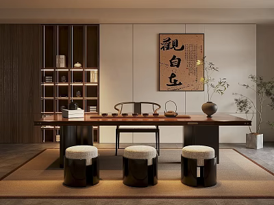 Traditional Tea Room Interior With Calligraphy Painting Wooden Table Storage Shelves And Stools 3d model