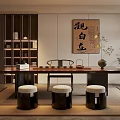 Traditional Tea Room Interior With Calligraphy Painting Wooden Table Storage Shelves And Stools
