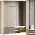 Modern Light Beige Shoe Cabinet With Gray Panel Wall Hooks And Storage Bench 3d model