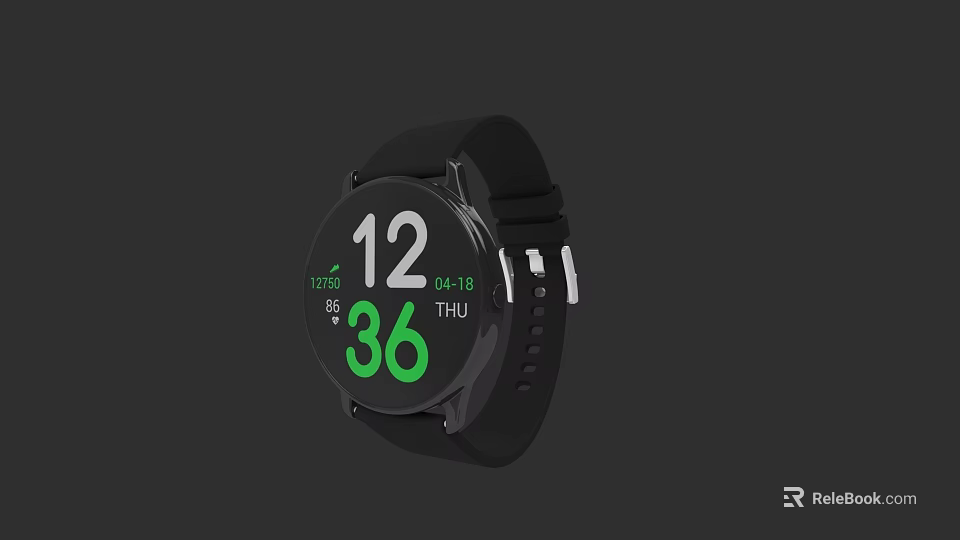 Black Smartwatch With Round Dial Displaying Time Date And Health Data 3d model 