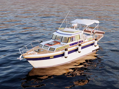 White and Blue Yacht with Canopy Floating on Calm Sparkling Water 3d model