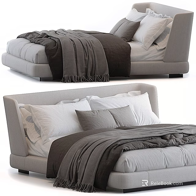 Modern Double Bed Design With Gray White Bedding Pillows And Soft Blanket 3d model
