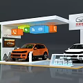 Exhibition Booth Displaying Orange Car White Car Green Plant Decorations Colorful Signs and Brand Logo