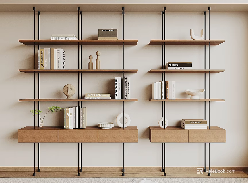 Modern Wooden Shelving Unit With Metal Frames Drawers Books And Decorative Items 3d model 