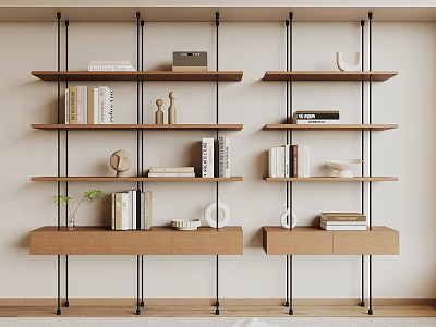 Modern Wooden Shelving Unit With Metal Frames Drawers Books And Decorative Items 3d model