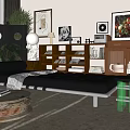 Modern Leather Sofa And Wooden Coffee Table Set With Potted Plants Artworks And Floor Lamp
