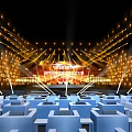 Modern Stage Design Featuring Golden Lighting Steps Blue Seats And Background Screen