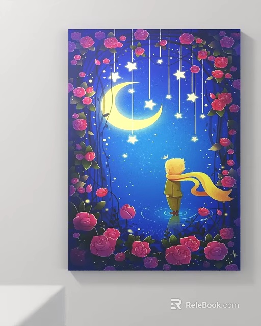 Little Boy Standing By Water With Moon Stars And Pink Roses In Night Sky 3d model 