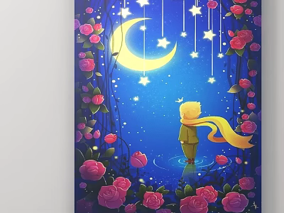 Little Boy Standing By Water With Moon Stars And Pink Roses In Night Sky 3d model