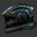 Futuristic Weapon Helmet with Metallic Shell Blue Orange Glowing Lights and Advanced Design