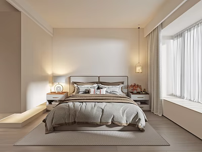 Modern Bedroom Interior With Large Bed Nightstands Table Lamps And Window Curtains 3d model