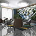 Modern Sales Office Interior With Housing Model Bookshelves Crystal Chandelier And Marble Floor