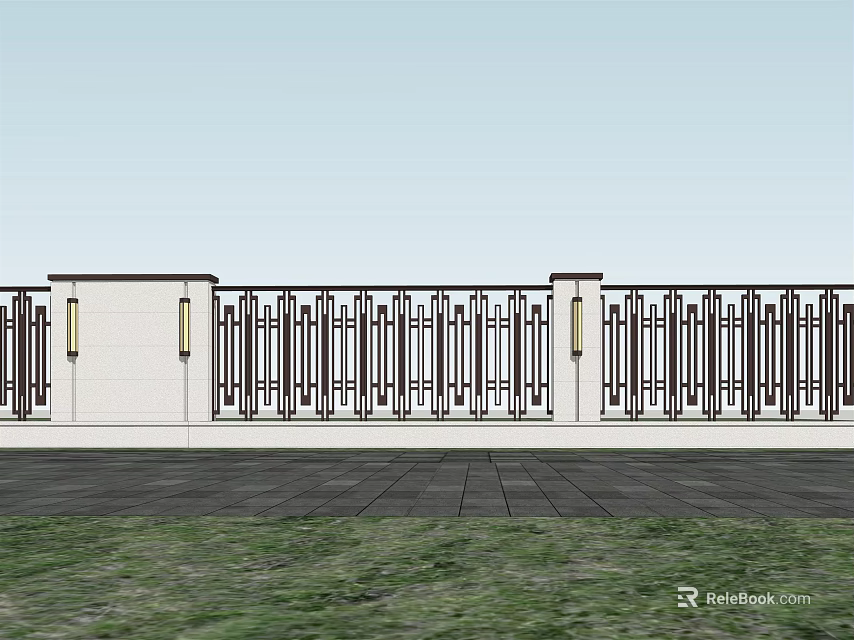 Modern Building Exterior Wall With White Surface Black Grille Columns And Lights Above Paved Ground 3d model 