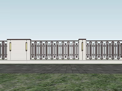 Modern Building Exterior Wall With White Surface Black Grille Columns And Lights Above Paved Ground 3d model