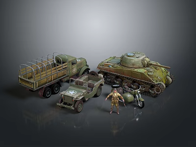 Vintage Military Vehicle Models Including Truck Tank Jeep And Motorcycle With Soldier Figure 3d model