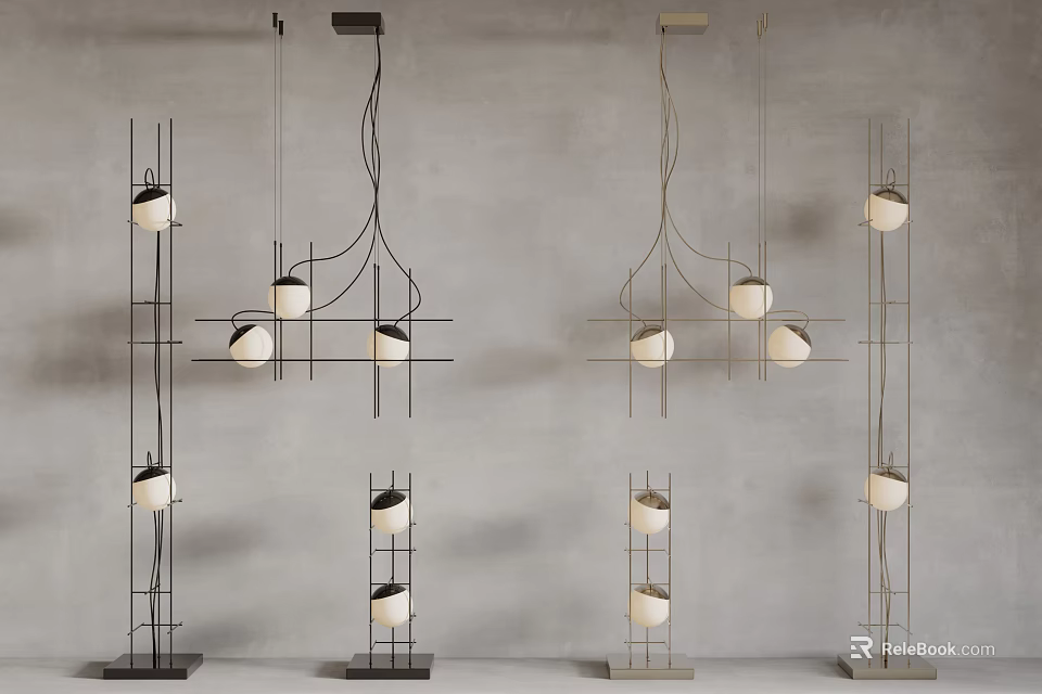 Modern Lighting Combinations With Pendant Lights Floor Lamps Metal Frames And Multiple Round Bulbs 3d model 
