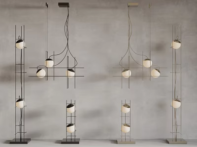 Modern Lighting Combinations With Pendant Lights Floor Lamps Metal Frames And Multiple Round Bulbs 3d model