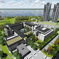 Modern Building Complex 3D Model Design With Green Landscape And Trees