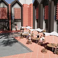 Modern Red Brick Architecture With Gabled Windows Courtyard Pool And People Gathering