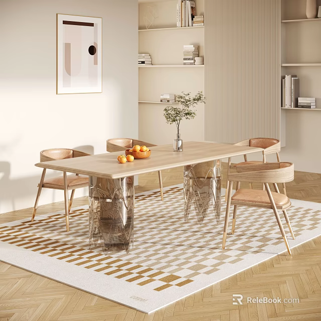 Modern Dining Table Set With Wooden Chairs Oranges Vase And Checkered Rug 3d model 