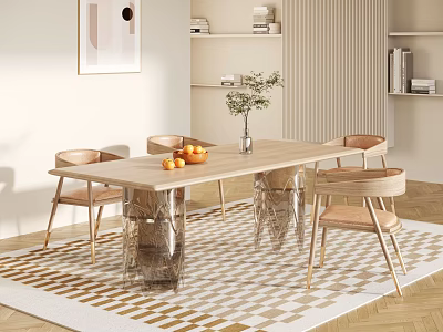Modern Dining Table Set With Wooden Chairs Oranges Vase And Checkered Rug 3d model