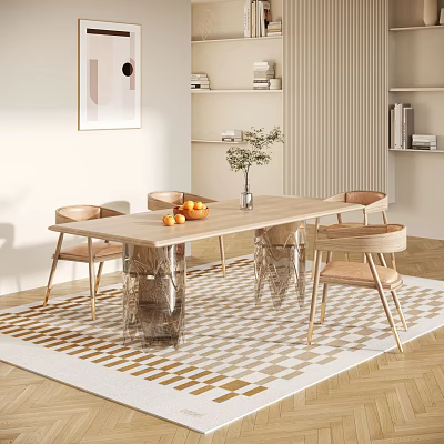 Modern Dining Table Set With Wooden Chairs Oranges Vase And Checkered Rug 3d model