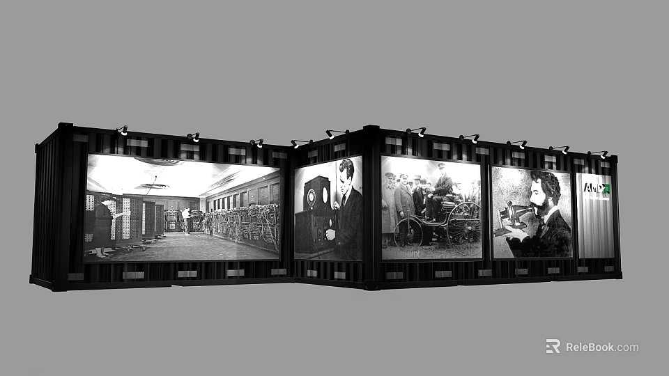 Black and White Photography Display Wall With Multiple Framed Panels In Exhibition Space 3d model 