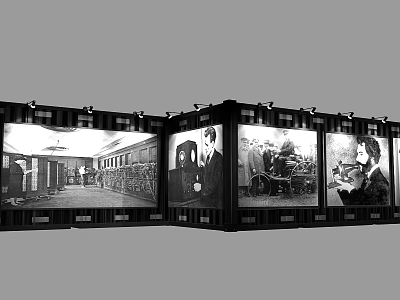Black and White Photography Display Wall With Multiple Framed Panels In Exhibition Space 3d model
