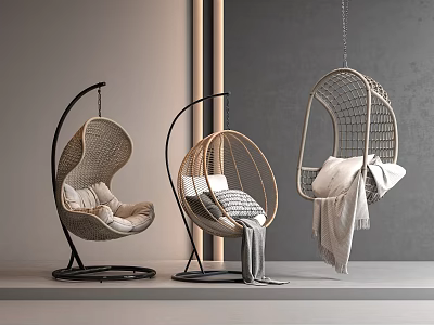 Rattan Hanging Chairs With Soft Cushions And Blankets For Modern Indoor Spaces 3d model