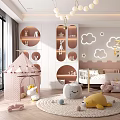 Kids Room Interior With Play Tent Stuffed Toys Crib Round Shelves And Cloud Decorations