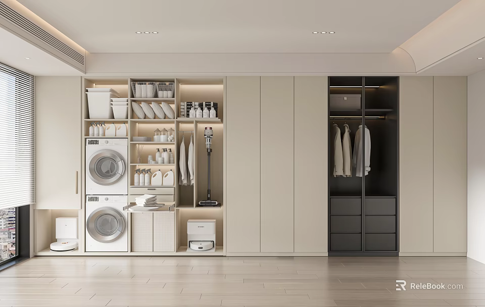 Modern Wardrobe With Storage Shelves Washing Machine Dryer And Clothes 3d model 