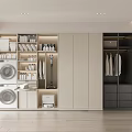 Modern Wardrobe With Storage Shelves Washing Machine Dryer And Clothes