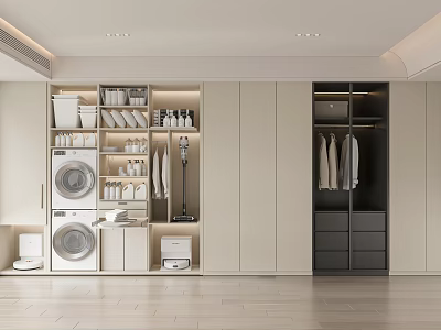 Modern Wardrobe With Storage Shelves Washing Machine Dryer And Clothes 3d model