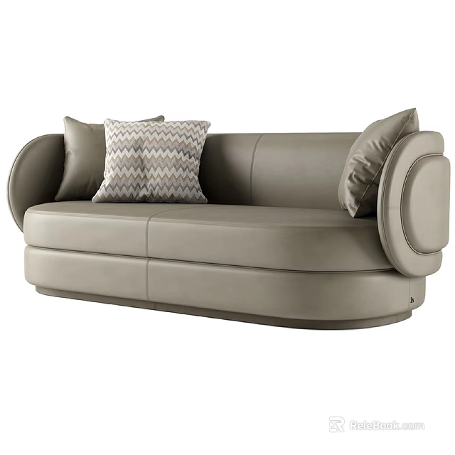 Modern Grey Leather Double Sofa With Curved Armrests And Patterned Pillows 3d model