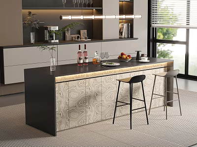 Modern Luxury Home Bar Counter With Ambient Lighting Textured Cabinet And Elegant Bar Stools 3d model