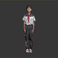Young Girl in School Uniform White Blue Top Red Scarf Pants White Sneakers Gray Background