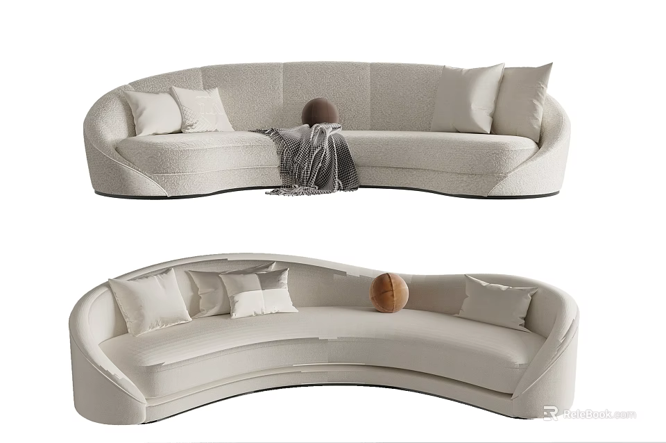 Curved Beige Sectional Sofa with Soft Cushions Throw Blanket and Decorative Ball 3d model 