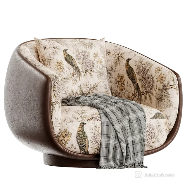 Cozy Floral Bird Print Armchair With Brown Leather Frame And Plaid Blanket 3d model 