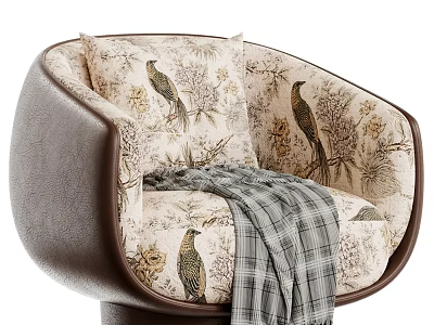 Cozy Floral Bird Print Armchair With Brown Leather Frame And Plaid Blanket 3d model