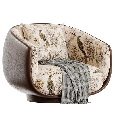 Cozy Floral Bird Print Armchair With Brown Leather Frame And Plaid Blanket 3d model